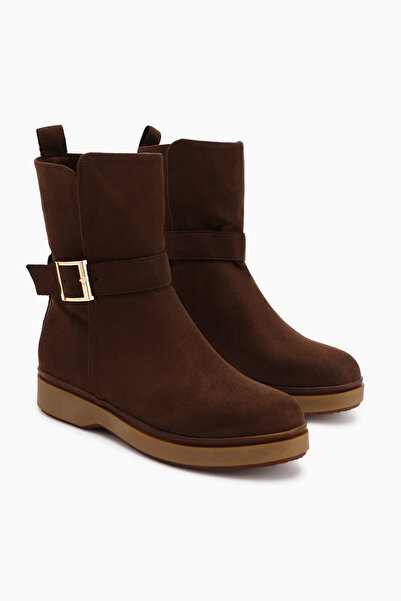 Limoya Behnoush Brown Suede Oval Toe Buckle Detailed Boots