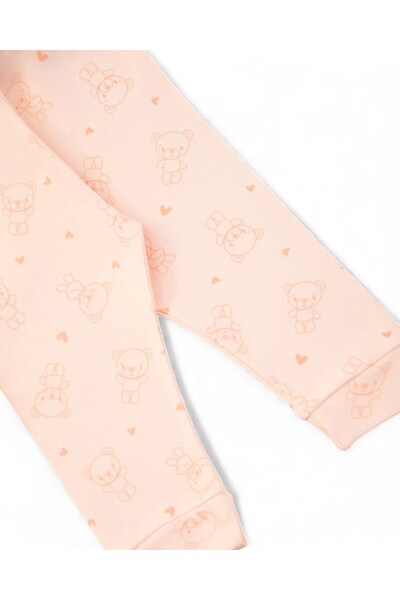 VOY KİDS Baby Girl Teddy Bear Printed Double-Breasted Collared 100% Cotton Luxury Nightgown Top and Bottom 2-Piece Set