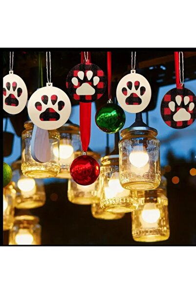 BAMİAMU Ahşap Noel patili süsler, kırmızı ve bej renkli 2li set,ekose desenli...