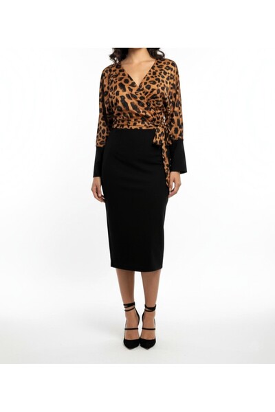 COLWHİTE MODA Leopar Üst Siyah Elbise Kemerli CW0034-04