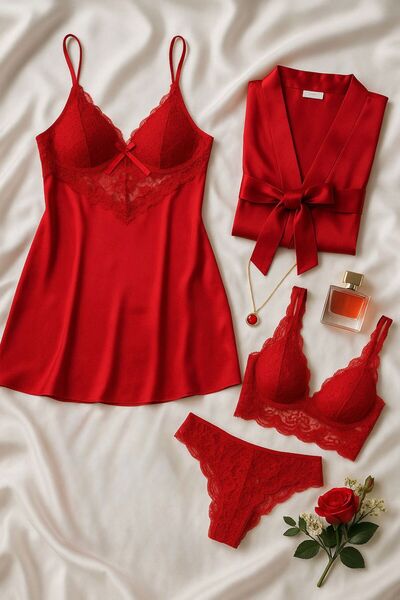 cdh çeyize dair herşey Crimson Red Satin & Lace Lingerie Set – Stylish Underwear Dowry Set