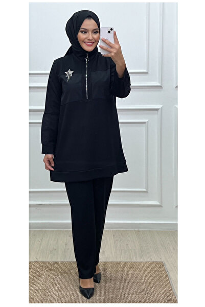 CELTMODA Women's Half Zipper Star Print Parachute Detailed Hijab Two-Piece Set - Black