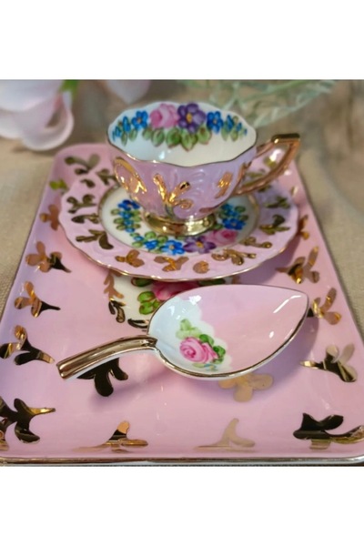 Handmade ESTERHOMEDECOR El boyama tek kişilik tepsili porselen fincan seti