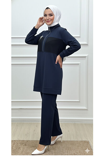 CELTMODA Women's Half-Zip Star Print Parachute Detailed Hijab Two-Piece Set - Indigo