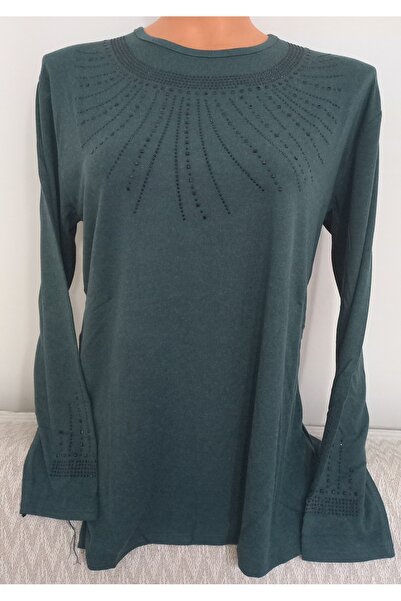 Anne Er Clothing Winter Cotton Combed Cotton Blouse Long Sleeve Crew Neck Stone Green