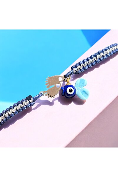 MODA Anne Bilekliği – Minik Ayak İzli, Nazar Boncuklu Mavi Örme Kadın Bilekli...