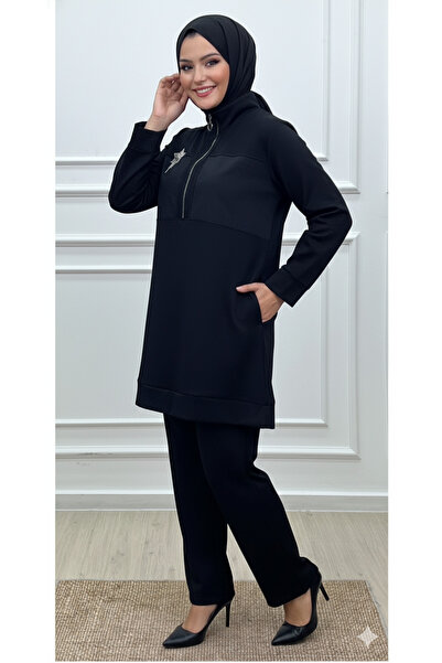 CELTMODA Women's Half Zipper Star Print Parachute Detailed Hijab Two-Piece Set - Black