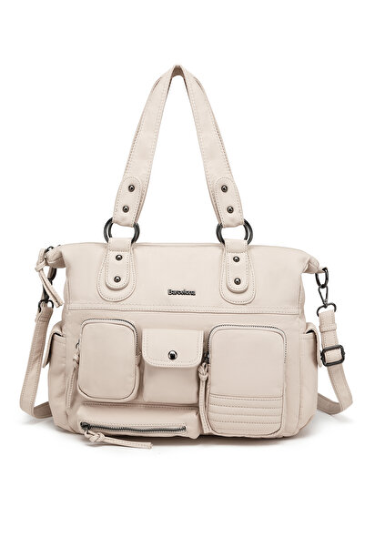 Hüvendo Multi-Pocket Daily Large Size Shopper Design Adjustable Strap Women's Shoulder Bag Beige