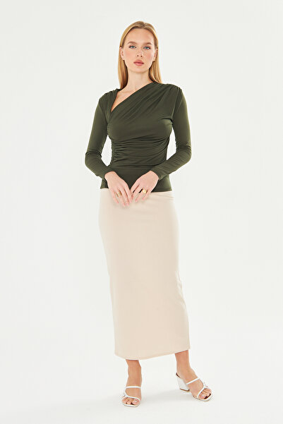 let s shine Asymmetrical Neck Gathered Sandy Long Sleeve Blouse - 732