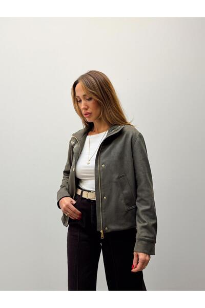 Maldia Shop Women's Suede Fabric Arden Bomber Khaki Jacket