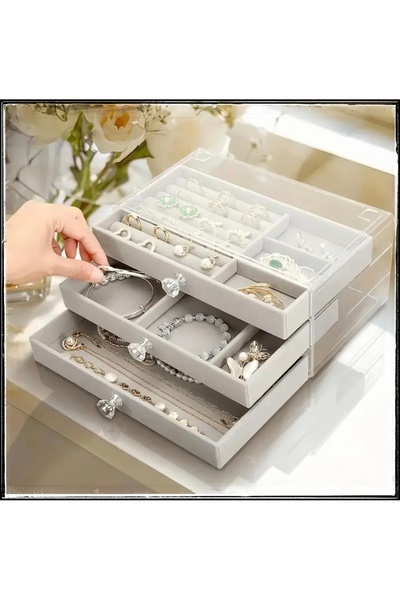 İsdeksan 3 çekmeceli süet takı kutusu, takı standı, takı düzenleyici