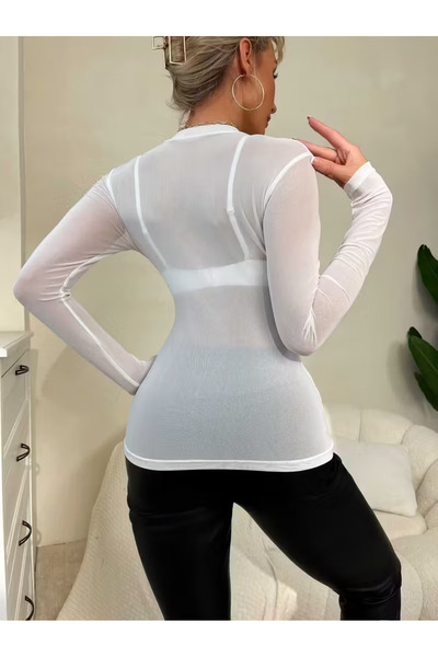 KİM Kİ O Stylish and Transparent Long Sleeve See-Through Blouse for Women, Stylish, Stretchy Fabric