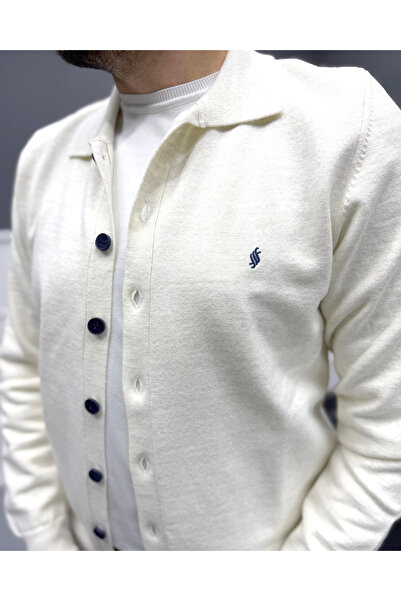 Avni Ceylan Men's Ecru Navy Blue Buttoned Embroidered Detailed Cotton Knit Cardigan