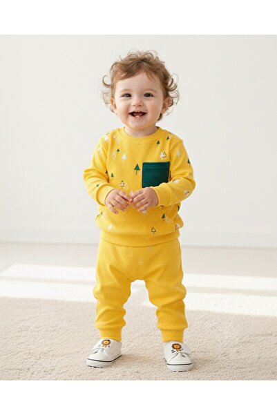 Ege Bebek طقم أطفال أصفر قماش مجدّل أشجار مطبوع للجنسين 6-9-12-18-24 شهرًا حي...