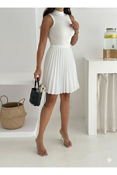 MaxiMor Fusta mini din material satinat cu talie elastică plisată de culoare albă pentru femei MĂRIME 45 CM