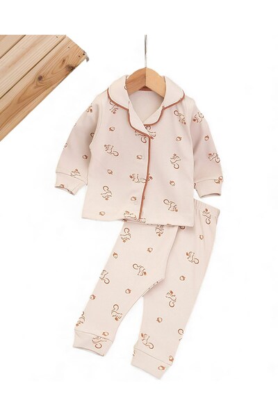 VOY KİDS Baby Boy Squirrel Printed Double-Breasted Collared 100% Cotton Luxury Nightgown Top and Bottom 2-Piece Set
