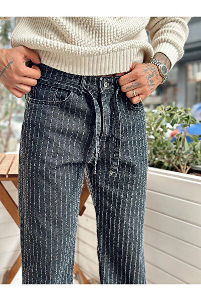 A&O Style Men's Black Drawstring Waist Embossed Detailed Design Jean Denim Pants