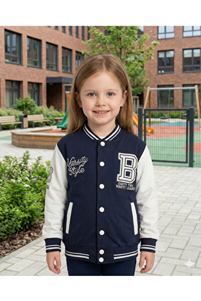 Asliva fashion Asliva Children's Navy Blue and White College Jacket Varsity Style B Letter Embroidered Jacket (6-9 Years)