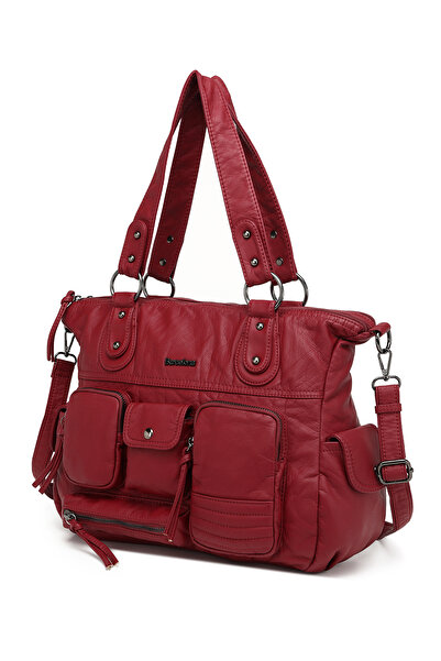 Hüvendo Multi-Pocket Daily Large Size Shopper Design Adjustable Strap Women's Shoulder Bag Burgundy