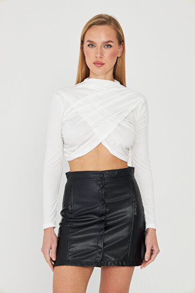 let s shine Mock Neck Sandy Long Sleeve Blouse with Flounce on the Shoulder - 739