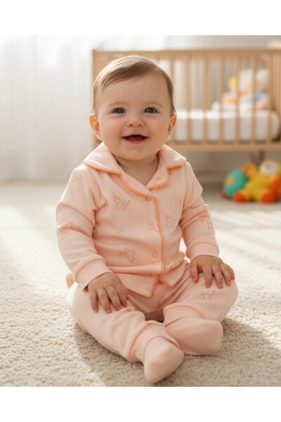 voyyo kids baby Baby Girl Butterfly Printed Double-Breasted Collared 100% Cotton Luxury Nightgown Top and Bottom 2-Piece Set