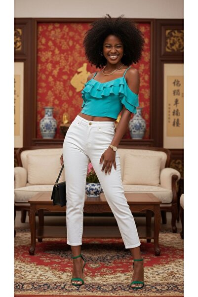 geenz manifacture White Sky Stretch Fabric Flexible Mom Jeans Denim Trousers