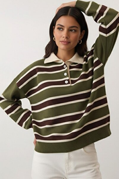 veira Women's Khaki Green Striped Polo Neck Knitwear Sweater - Buttoned Soft Textured Winter Top