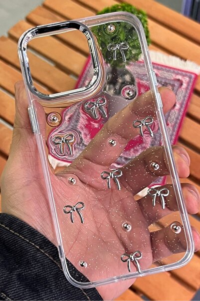 EDELFU آيفون 16 برو - غطاء شفاف بنمط فيونكة فضية لامعة مع حماية للكاميرا