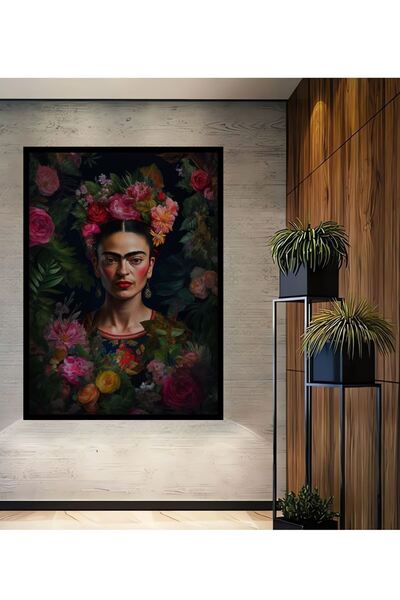 Genel Markalar Çerçeve Görünümlü Dekoratif Ahşap Kare Frida Kahlo Çiçekler İç...