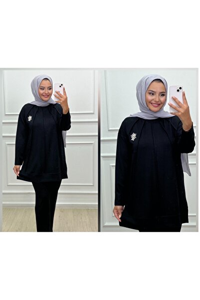 CELTMODA Women's Brooched Stylish Hijab Double Set - Black