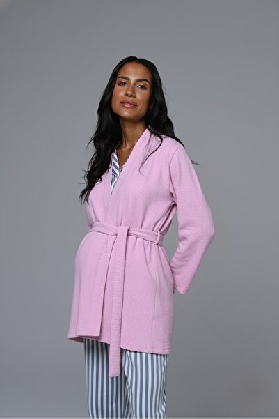 Lohusa Homewear Γυναικείο ροζ ριγέ μακρυμάνικο χειμερινό σετ πιτζάμες εγκυμοσ...