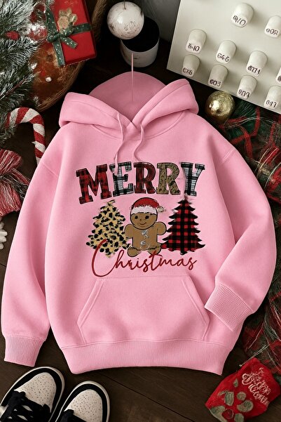 OVER HEAD Women's New Year Merry Christmas Cookies Printed 3 Thread Oversized Hoodie Sweatshirt