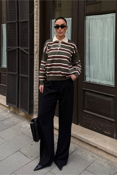 Fav Style Γυναικείο πλεκτό πουλόβερ με λαιμόκοψη πόλο ριγέ oversized χακί