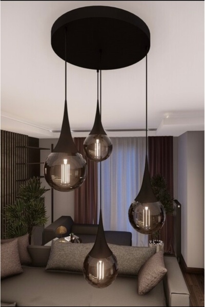 Home Liora Modern Siyah Metal Avize Füme Cam 4"lü Sarkıt E27 Duy Dekoratif Ay...