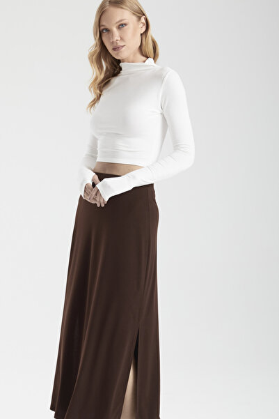 By Yaren Yazıcı Women's Brown Elastic Waist Form Slit Maxi Skirt Day and Night Style