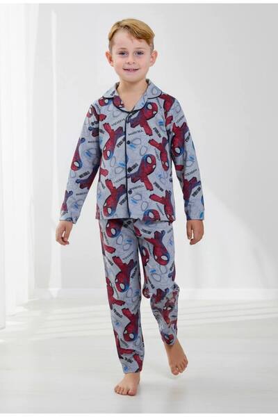 Yağmur Giyim Pjkö Ö.Adam Patterned Long Sleeve Buttoned Front Boys' Pajama Set 4-12 Years Old 515U