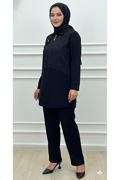 CELTMODA Women's Rose Brooch Zippered Patterned Hijab Double Set - Black