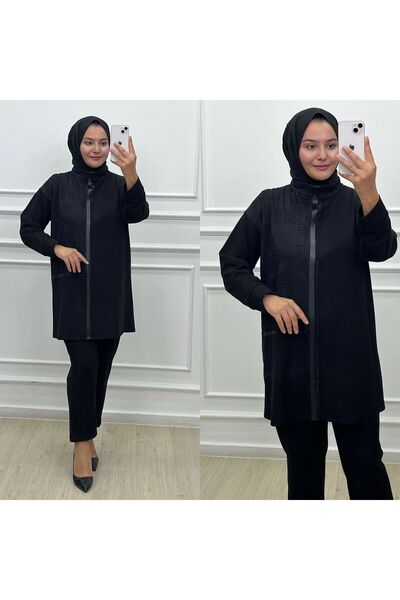 CELTMODA Women's Stone Parachute Detailed Zippered Hooded Hijab Double Set - Blue