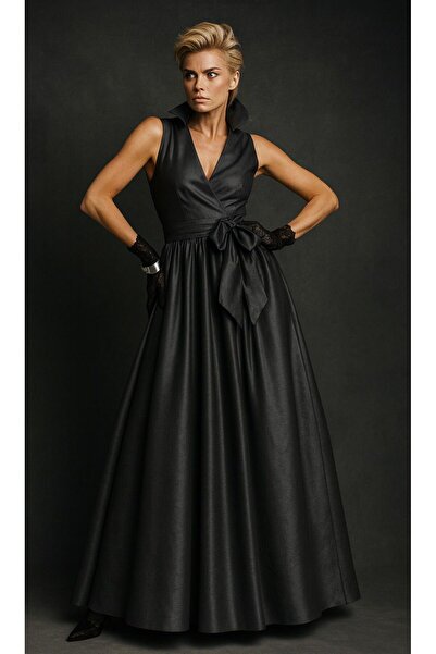 ALYEL NAKER Kruvaze Kapamalı & Gömlek Yakalı Antrasit Gri Tafta Maxi Kolsuz E...