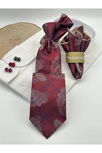 Gutiero ربطة عنق كلاسيكية مع منديل منقوش باللون العنابي