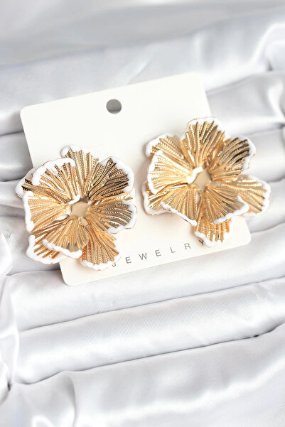 Clariss Harmonyaura Brass Gold Color White Enamel Detailed Lotus Women Earrings