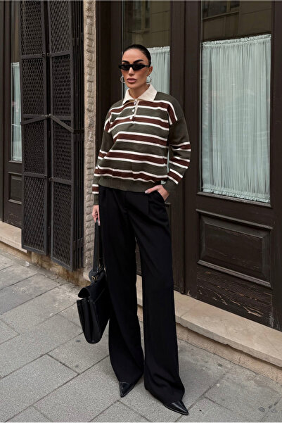 Fav Style Γυναικείο πλεκτό πουλόβερ με λαιμόκοψη πόλο ριγέ oversized χακί