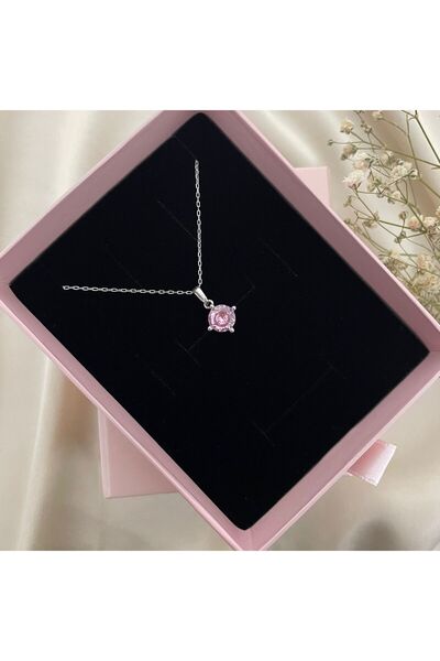 Lovera Jewellery 925 Ayar Gümüş Pembe Taşlı Tek Taş Kolye