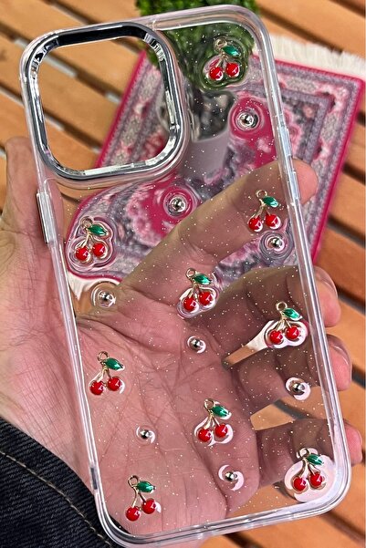 EDELFU iPhone 16 Pro - Transparent Glitter Cherry Pattern Cover Shiny Case with Camera Protrusion