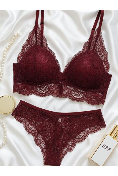 cdh çeyize dair herşey Premium Burgundy Lace Detailed Unpadded Bralette Set