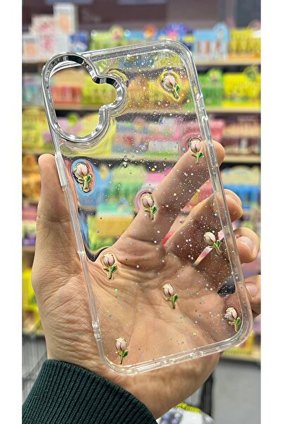 EDELFU iPhone 16 PLUS - Şeffaf Simli Lale Desenli Kapak Kamera Çıkıntılı Parlak Kılıf
