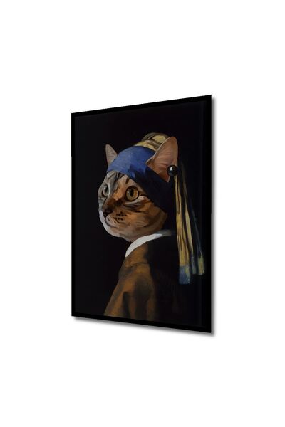 Caddemia Tablou decorativ din lemn cu aspect de ramă, cu pisică și perle, pen...
