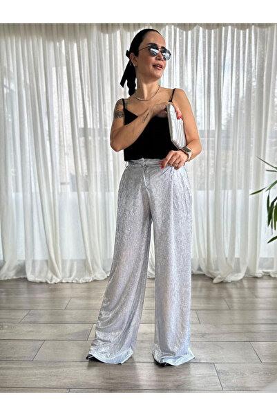 Burcu Özpıranga ORKA Gümüş Parlak Palazzo Pantolon