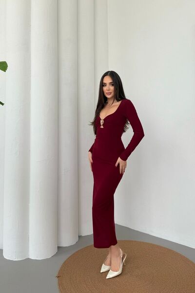 Mezka Kadın Drapeli Uzun Kollu Göğüs Aksesuar Detaylı Elbise