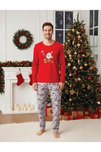 Serena Men's Christmas Pajamas – Red Top & Grey Pants with Printed